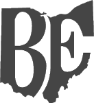 Capital B and E formed in shape of Ohio represents logo for Buckeye Engraving in black lettering