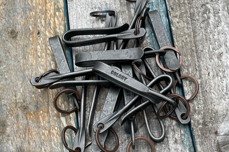 blacksmith made tent stakes and tool pins stamped with custom touchmark stamp by Buckeye Engraving
