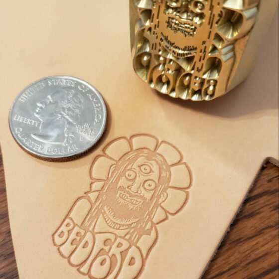 custom leather makers logo custom brass stamp shows Bedford logo by Buckeye Engraving