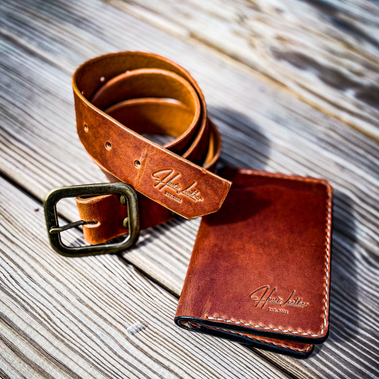 handmade leather belt and wallet embossed with custom makers mark stamp Buckeye Engraving